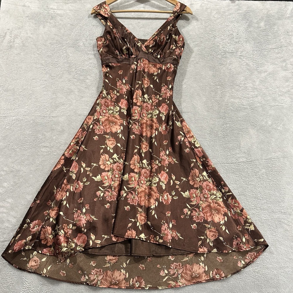 Romy Satin Maxi Dress Sleeveless Women S Brown Pink Floral Vtg Coquette 80's